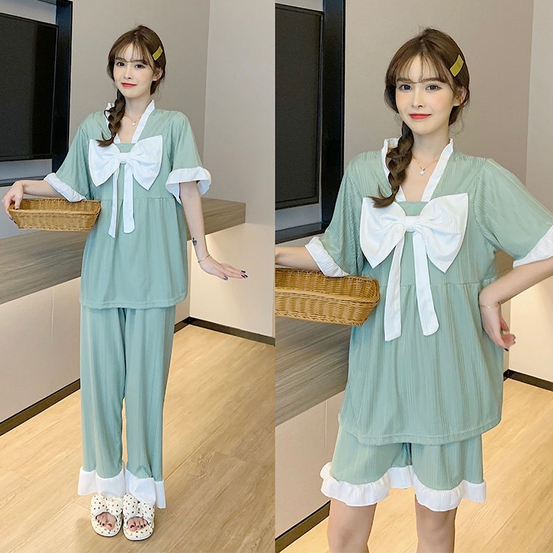 Bộ Đồ Ngủ Tay Ngắn Dáng Rộng Phối Nơ Dễ Thương Thời Trang Mùa Hè Cho Nữ