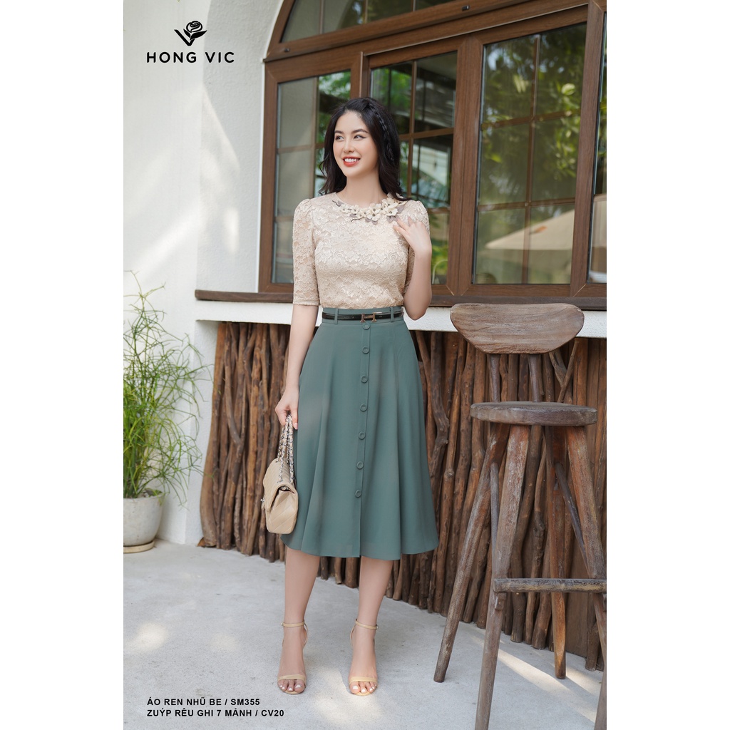 Chân váy nữ thiết kế Hong Vic rêu ghi 7 mảnh CV20
