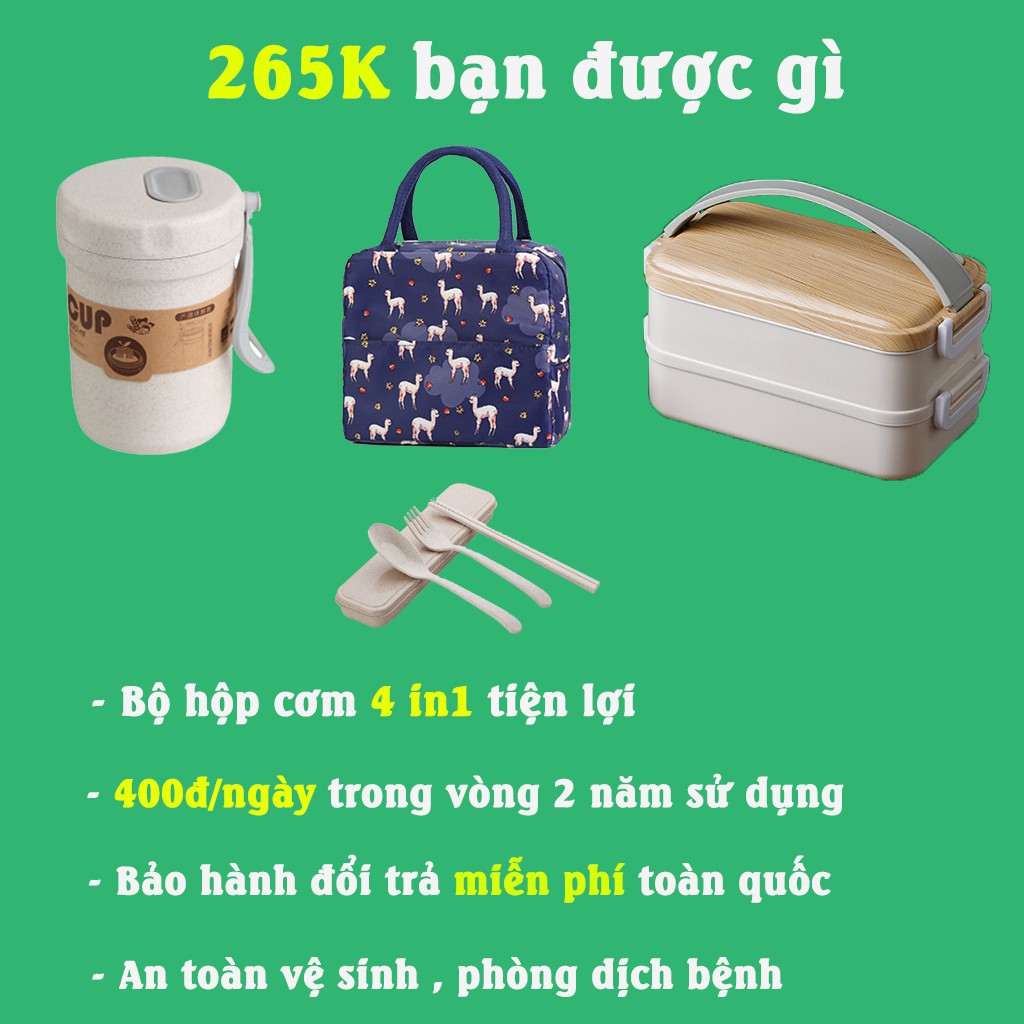 Hộp Cơm Mang Đi Cách Nhiệt 2 Tầng , Hộp Cơm Giữ Nhiệt Kèm Túi , Đũi Thìa ,Cốc Đựng Canh HC-01