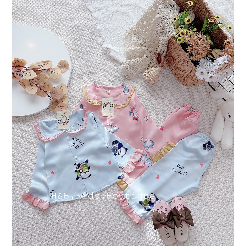 Bộ Ngủ Pijama Dài Tay Bé Gái Chất Lụa Satin Viền Bèo Cực Đẹp Cho Bé, Bộ Dài Tay Bé Gái Mặc Nhà Unchi Store (V466)