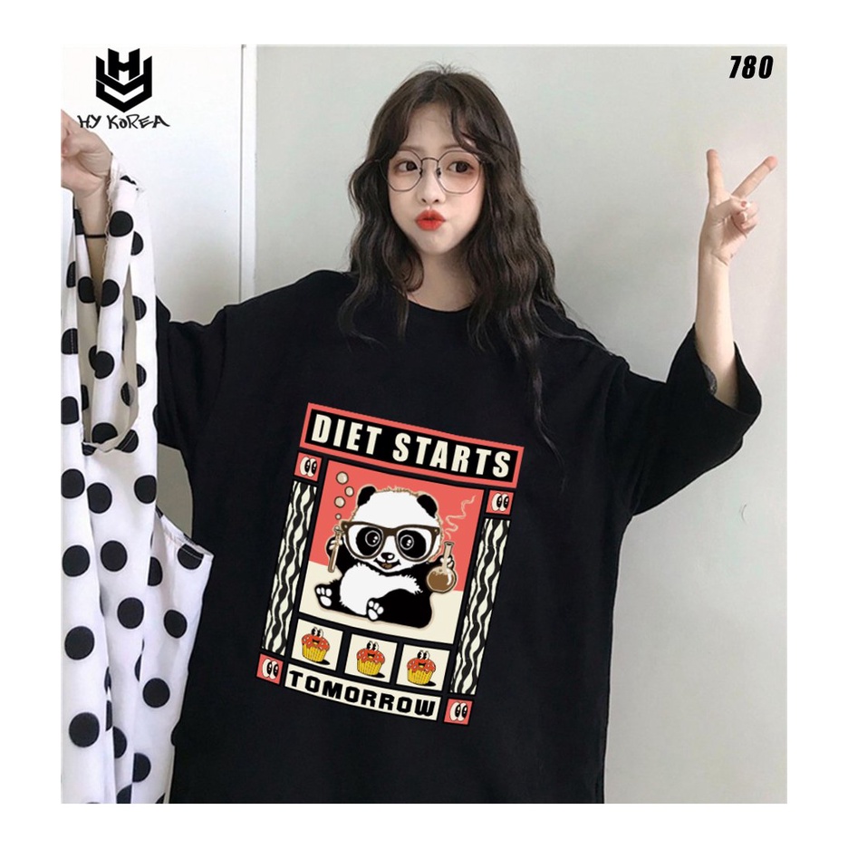 Áo thun tay lỡ HY KOREA nam nữ form rộng in hình Gấu trúc diet Start 780