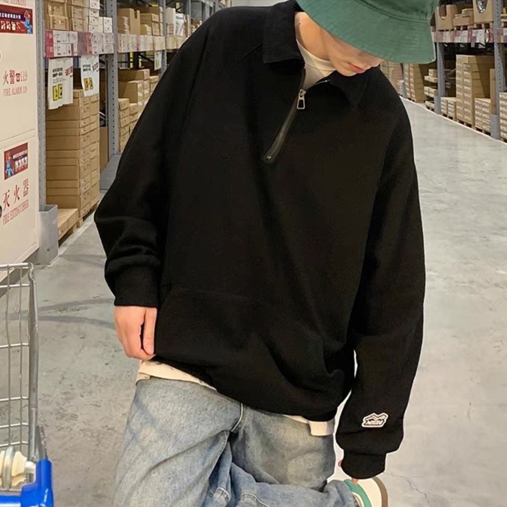 Áo nỉ sweater cổ áo polo dáng rộng thêu họa tiết thời trang mùa thu 2021 cho nam