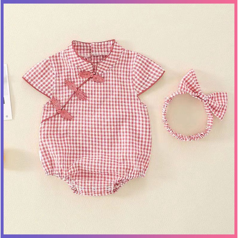 Bộ 2 Món Áo Liền Quần + Băng Đô Vải cotton Dễ Thương Cho Bé Gái