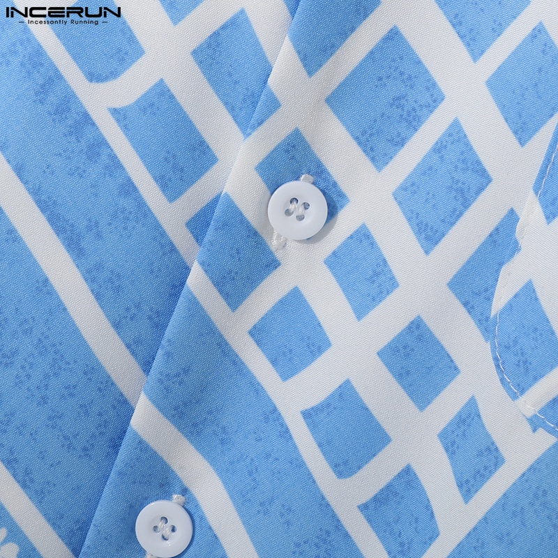 Áo sơ mi INCERUN tay ngắn cài nút họa tiết caro màu xanh dương thời trang cho nam