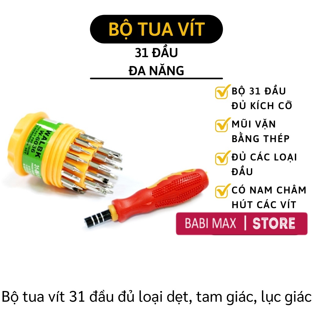 Bộ tua vít 31 đầu đa năng có nam châm hít - Dụng cụ vặn ốc tiện lợi đủ các đầu dẹt, lục giác, dấu cộng babimax 241