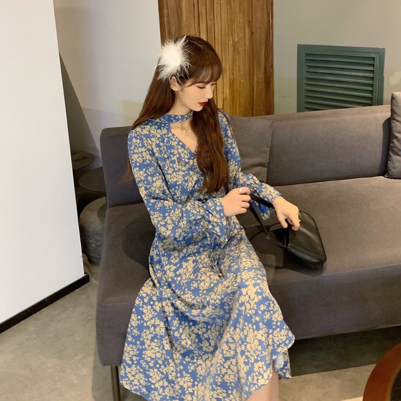 Đầm nữ dài tay bồng Retro 2021, Váy vintage tiểu thư dáng dài xòe màu đen xanh cổ V tặng kèm dây sang chảnh hàn quốc | BigBuy360 - bigbuy360.vn