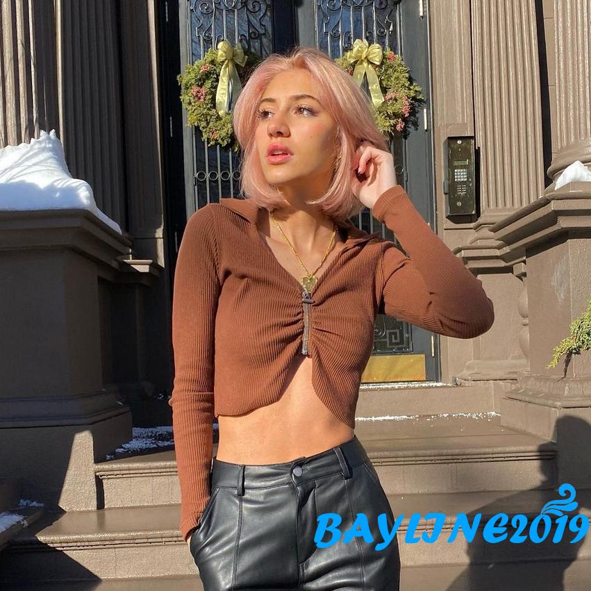 Áo Croptop Tay Dài Cổ Chữ V Màu Sắc Thời Trang Cho Nữ