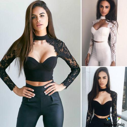 Áo croptop tay dài phối ren gợi cảm quyến rũ cho nữ