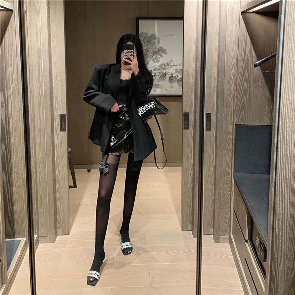 QQMALL Quần Tất Nylon Không Đường May Đính Nơ Phong Cách Lolita Gợi Cảm Cho Nữ