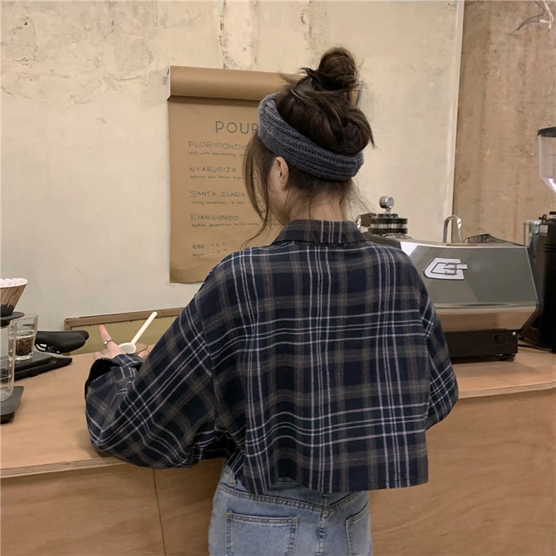 Áo Sơ Mi Caro Tay Dài Dáng Rộng Trẻ Trung Phong Cách Retro Hàn Quốc Cho Bạn Gái