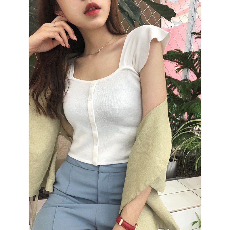 Áo croptop dệt kim màu trơn phối nút thời trang cho nữ