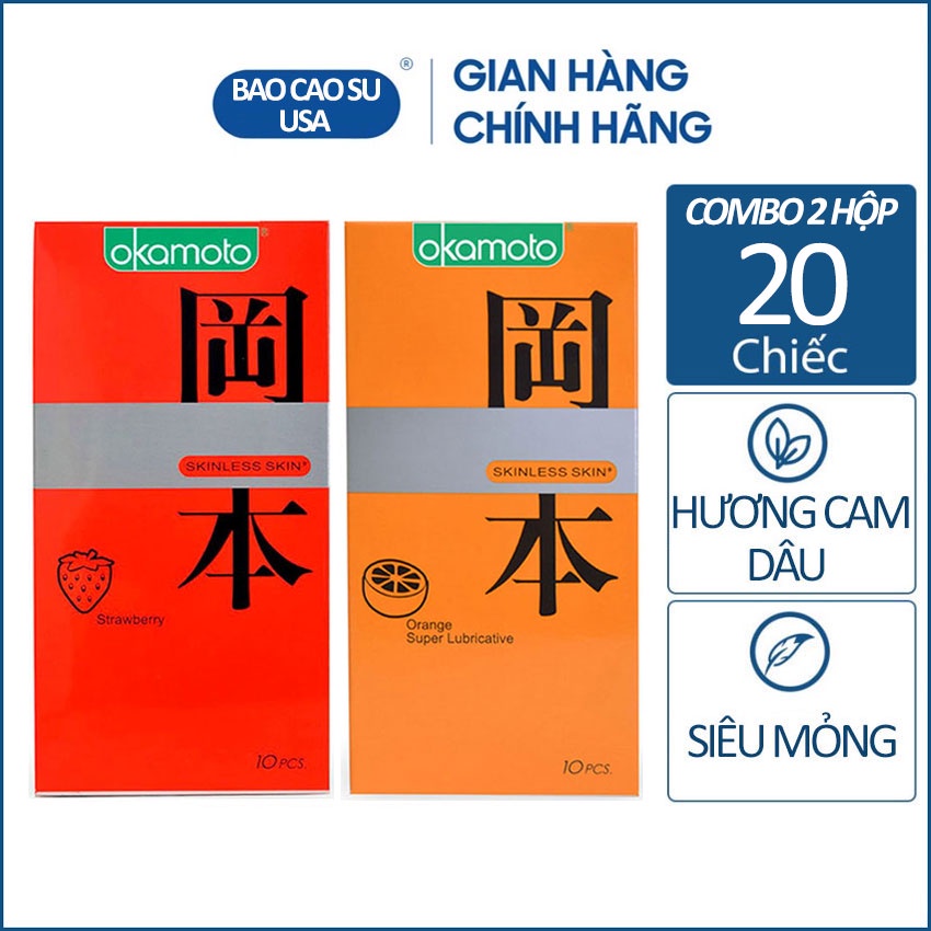 Combo 2 hộp bao cao su Okamoto hương Dâu và hương Cam siêu mỏng 20 Cái