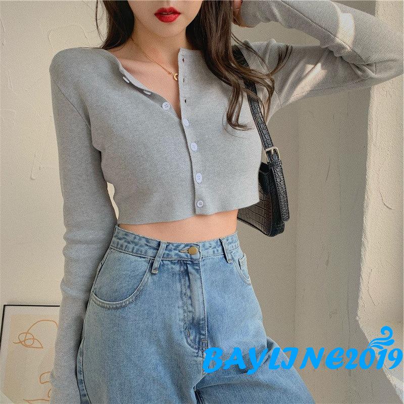 Áo Croptop Tay Dài Màu Sắc Thời Trang Quyến Rũ Cho Nữ