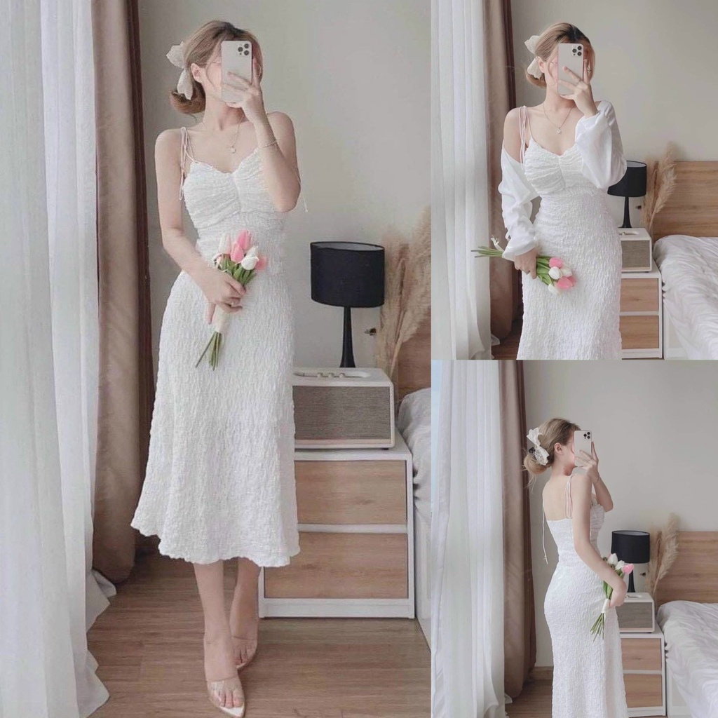 Set váy nữ 2 dây xốp xinh xắn tôn dáng mix kèm áo khoác thích hợp cho các tình yêu đi chơi, đi biển, dự tiệc