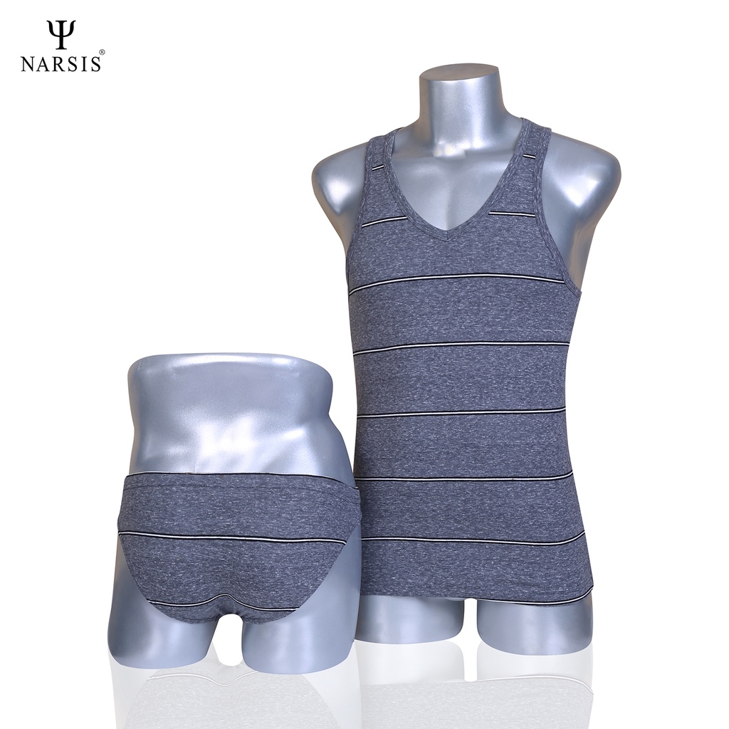 Bộ quần áo lót nam Narsis E3004 màu ghi kẻ trắng đen chất liệu Cotton  thông hơi  gồm 1 áo thun ba lỗ và 1 quần lót nam