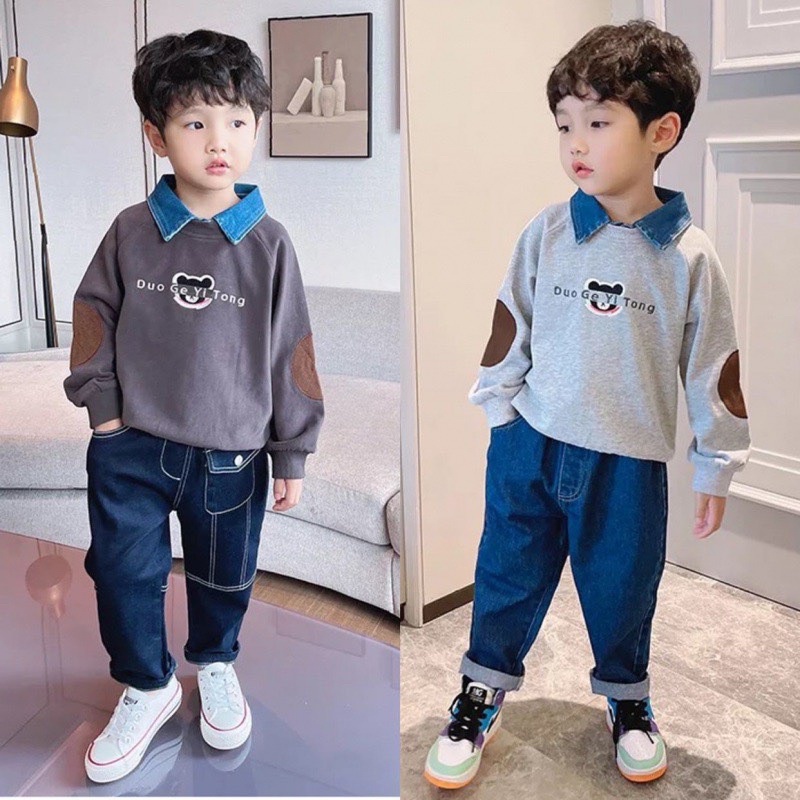 Bộ áo nỉ da cá phối bò, quần Jeans thêu Gấu lambo K048