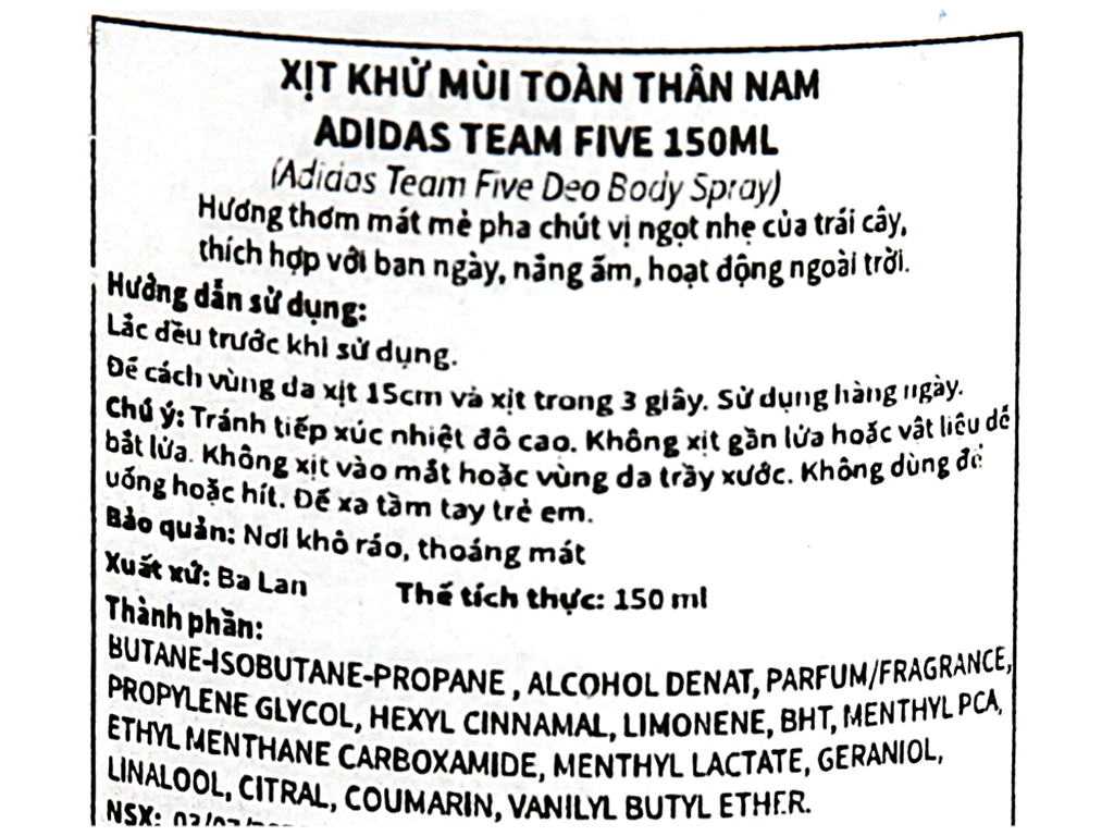 [Hàng nhập khẩu chính hãng] Xịt Khử Mùi Toàn Thân Nam Adidas Ngăn Mồ Hôi Team Five 150ml