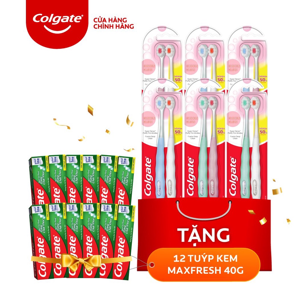 Bộ 12 bàn chải Colgate Cushion Clean tặng 12 tuýp Kem đánh răng Colgate size du lịch