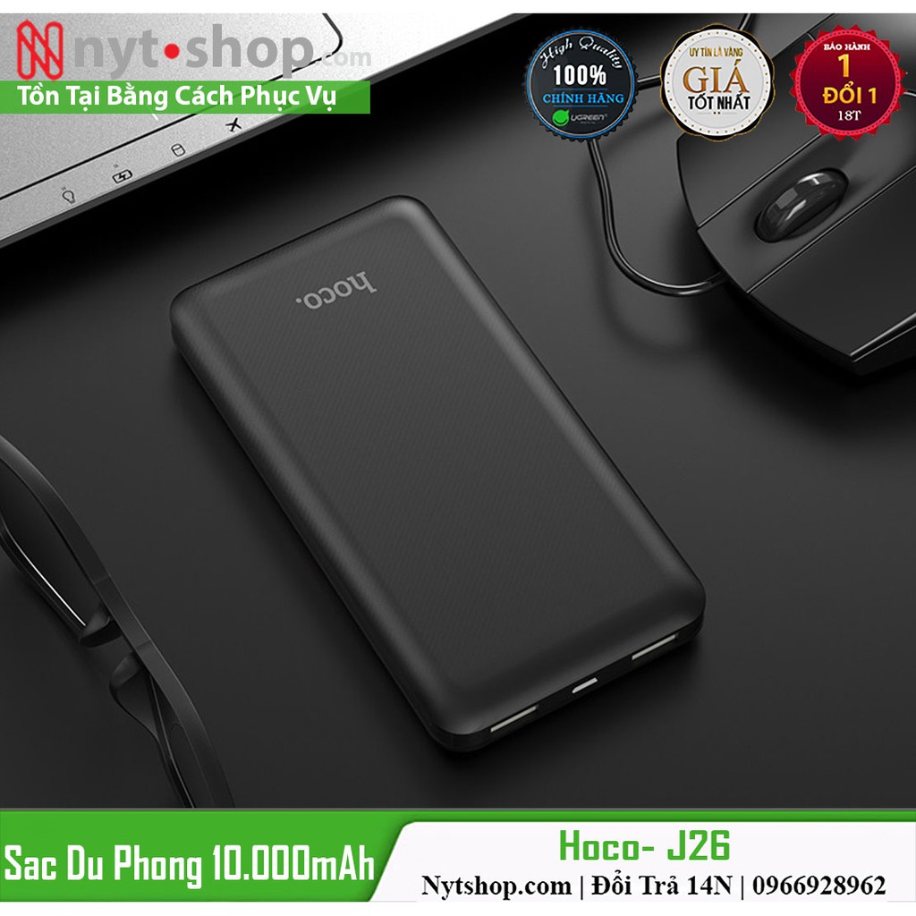 Sạc Dự Phòng Siêu Mỏng 10.000mAh Hoco J26 - USB kép đầu ra 2.1A, màn hình LED và đầu vào Micro-USB