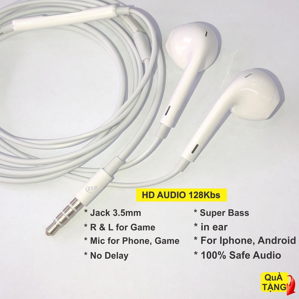 Tai nghe chân tròn 3.5 mm, jack có mic gọi, dùng cho samsung, iphone, oppo, máy nhạc KLH shop Re