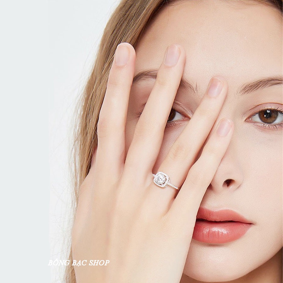 Nhẫn bạc nữ BỐNG BẠC đính đá mặt vuông hàng thiết kế trẻ trung cá tính NB01