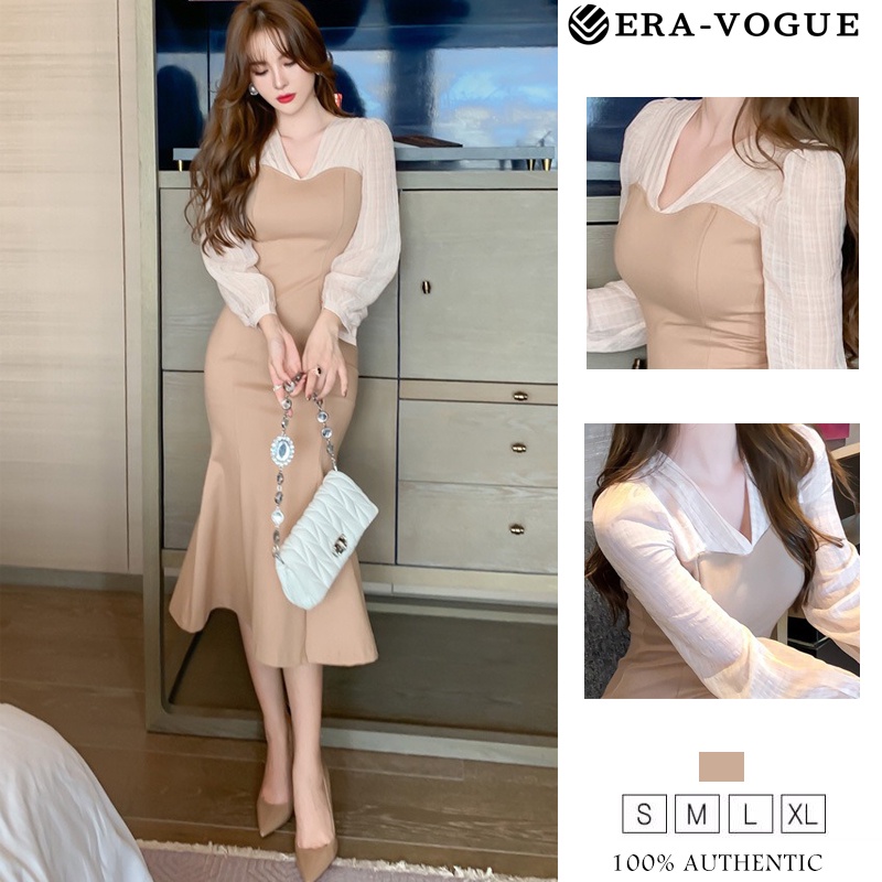 Eravogue🌷 Đầm Maxi Mảnh mai Cổ chữ V áo dài tay phong cách Hàn Quốc phong cách thanh lịch Đầm dây 4495