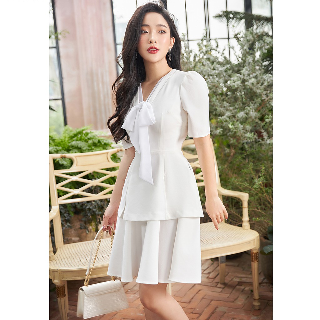 Đầm váy nữ công sở 92WEAR 2 MÀU, đủ size, nơ buộc cổ DEA1205