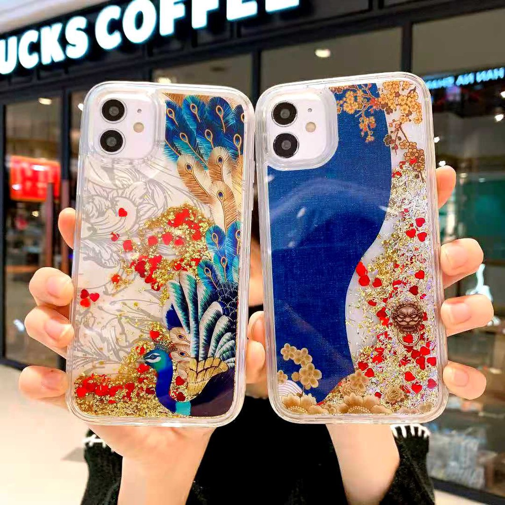 Ốp điện thoại họa tiết chim công phối cát lún lấp lánh cho IPhone 7 8 6 6S plus se case x XR 11 12 Pro Max