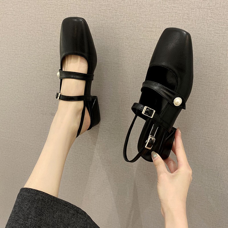 Giày sandal nữ bít mũi tiểu thư quai cài đính ngọc chất liệu da cao cấp đế 3cm lên chân cực xinh, giày búp nữ