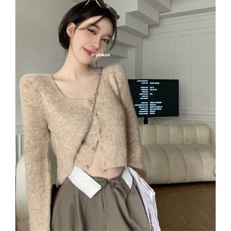 Áo Cardigan Dệt Kim Tay Dài Cổ Vuông Dáng Ôm Thời Trang Cho Nữ