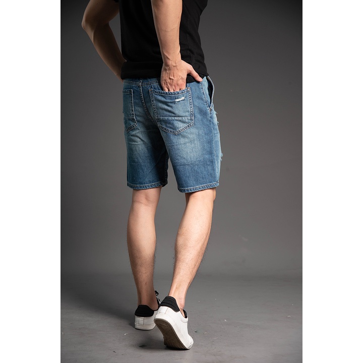 Quần Short Jean Nam Cạp Chun Rách H90 Chất Bò Co Giãn Ống Đứng J017