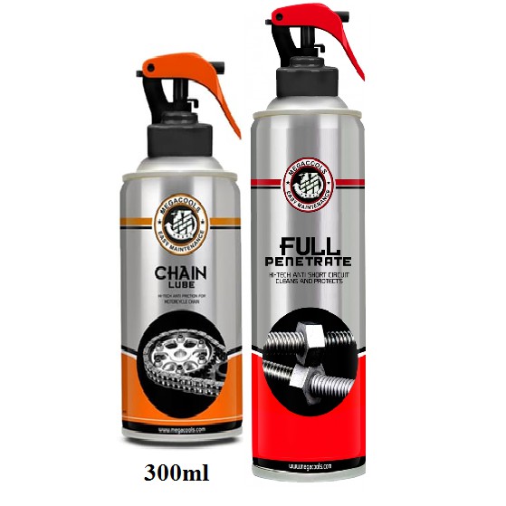 Combo chai bảo dưỡng sên Megacools Chain Lube 300ml và xịt vệ sinh sên Megacools 500ml - dùng cho sên vàng, phốt cao su
