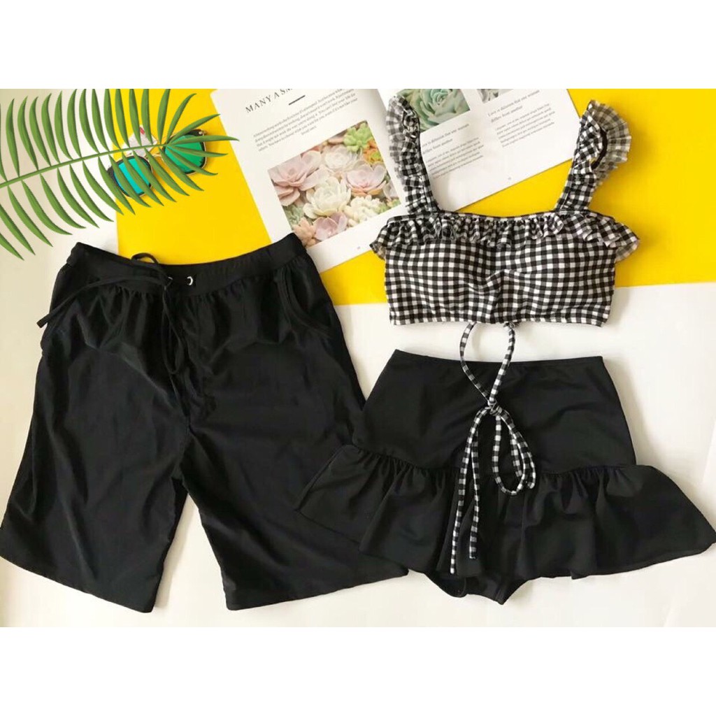 Bikini Caro Viền Bèo Váy Tầng Dễ Thương, Set Đồ Bơi Đi Biển Couple  - OS035