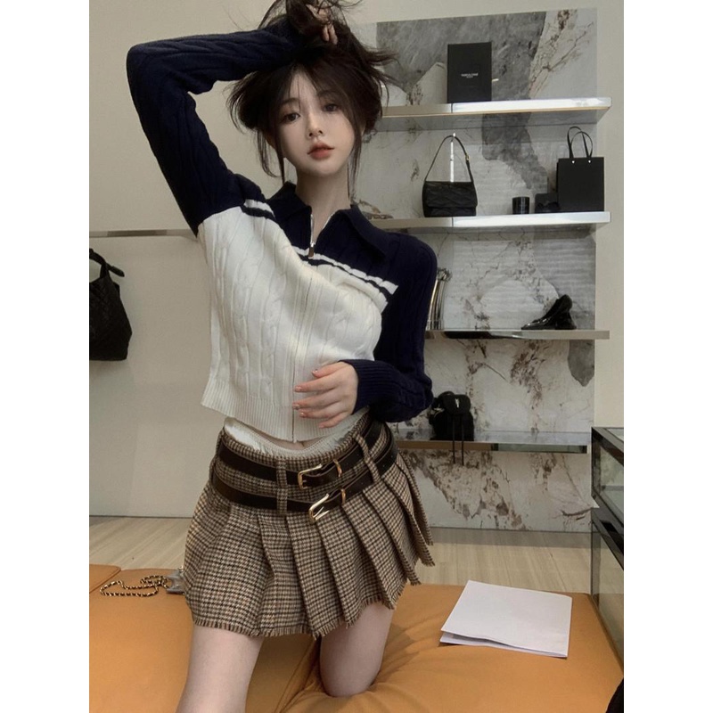 Bộ Áo Khoác Dệt Kim + Chân Váy Xếp Ly Sọc Ca Rô Thời Trang Xinh Xắn Cho Nữ