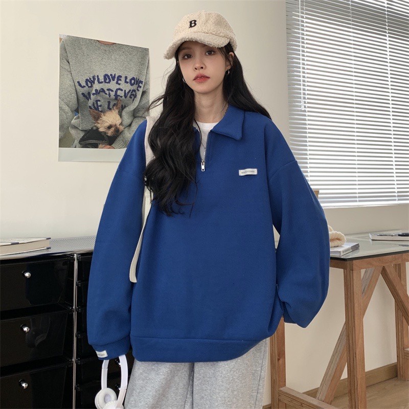 Áo sweater , Áo nỉ kéo khóa cổ màu xanh dương trơn phối họa tiết đơn giản