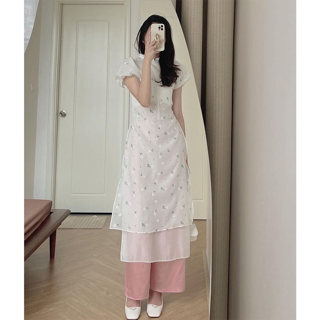 Áo dài cách tân nữ mặc tết hoa nhí đẹp truyền thống size S M L