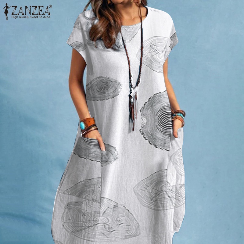 Đầm ZANZEA tay ngắn cổ tròn in họa tiết thời trang dành cho nữ