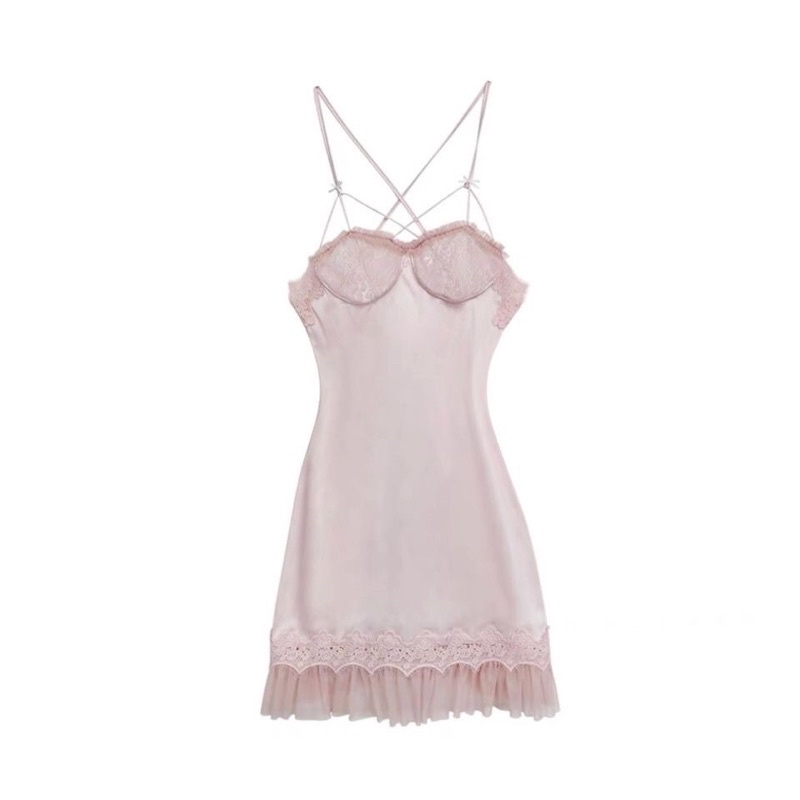 Đầm ngủ 2 dây, váy ngủ 2 dây lụa sexy phối voan ST44