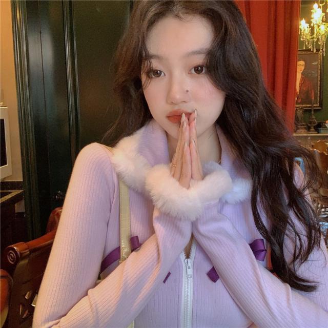Áo thun dài tay màu tím nhạt phối lông có khóa kéo đính nơ dễ thương thời trang Hàn Quốc cho nữ