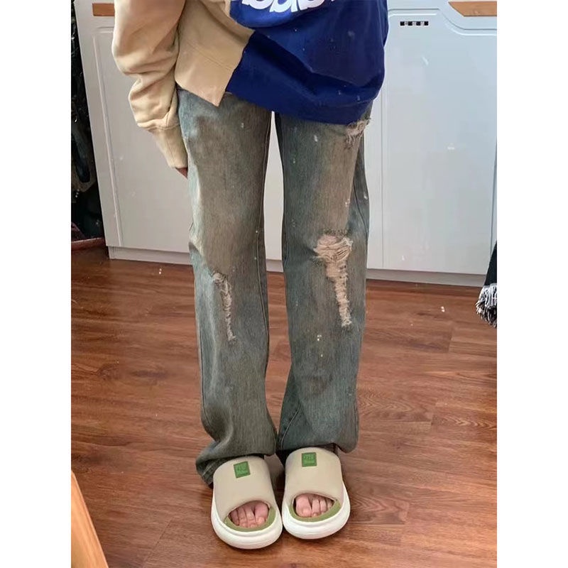 ☏☍Quần Jeans Lưng Cao Ống Đứng Phối Rách Phong Cách Retro Mỹ Cho Nữ