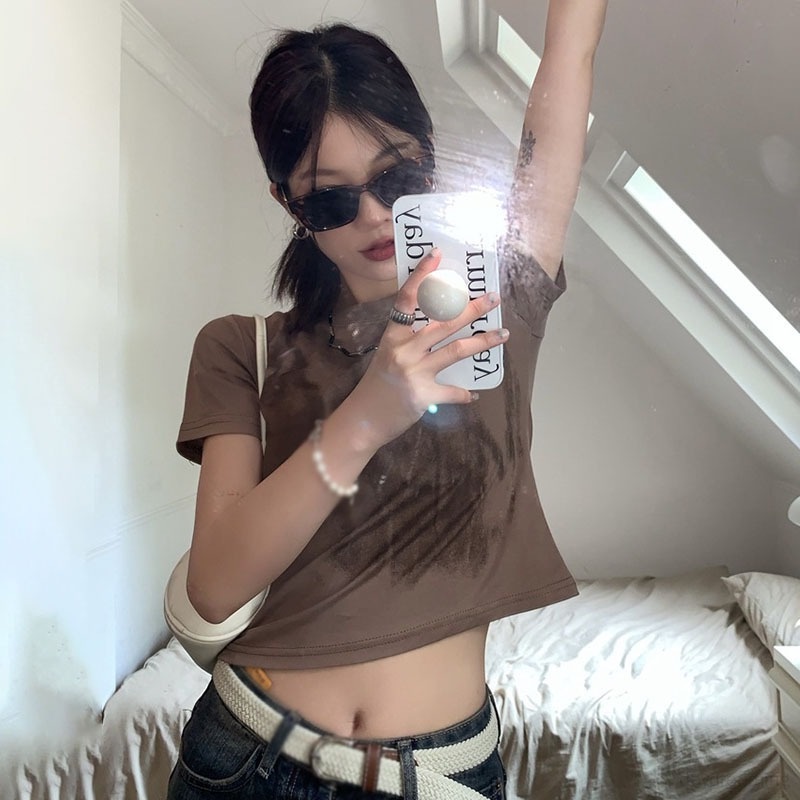 Áo Thun Croptop Cổ Tròn Dáng Ôm Phong Cách Retro Hàn Quốc Cho Nữ