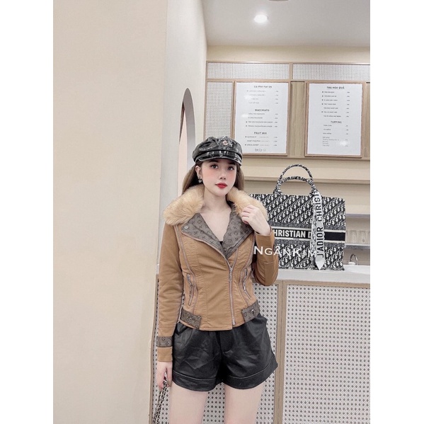 Áo da nhung lót lông pha cổ áo Lv  hàng QCL1