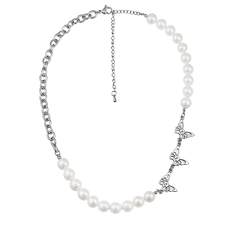 Hip Hop Pearl Butterfly Stitched Chain Clavicle Necklace