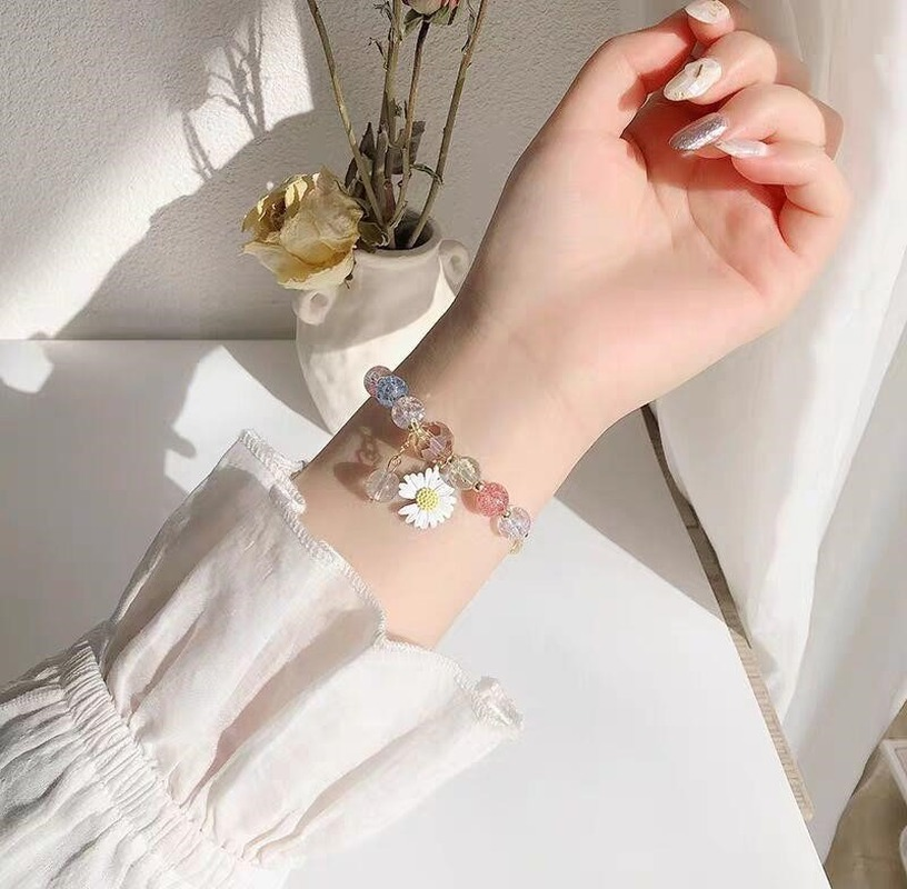 Vòng tay chuỗi hạt pha lê hình hoa cúc hướng dương màu kẹo nhỏ co giãn thời trang cho nữ