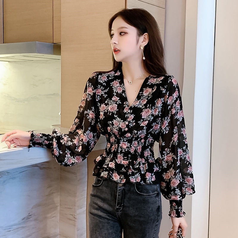 Áo Voan Hoa Tay Bồng Bo Chun Eo Dáng Peplum