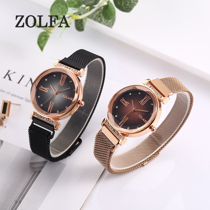 ZOLFA Fashion Black Rhinestone Mesh Belt Ladies Quartz Wrist Watches Elegant Rose Gold Magnet Buckle Womens Dress Watch Famale Gift Analog Clocks Đồng hồ nữ
