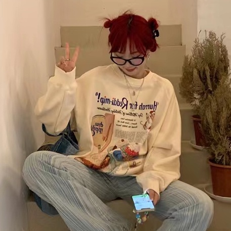 Áo sweater ZHELIHANGFEI tay dài cổ tròn in hình bánh hoạt hình phong cách retro Mỹ cho nữ
