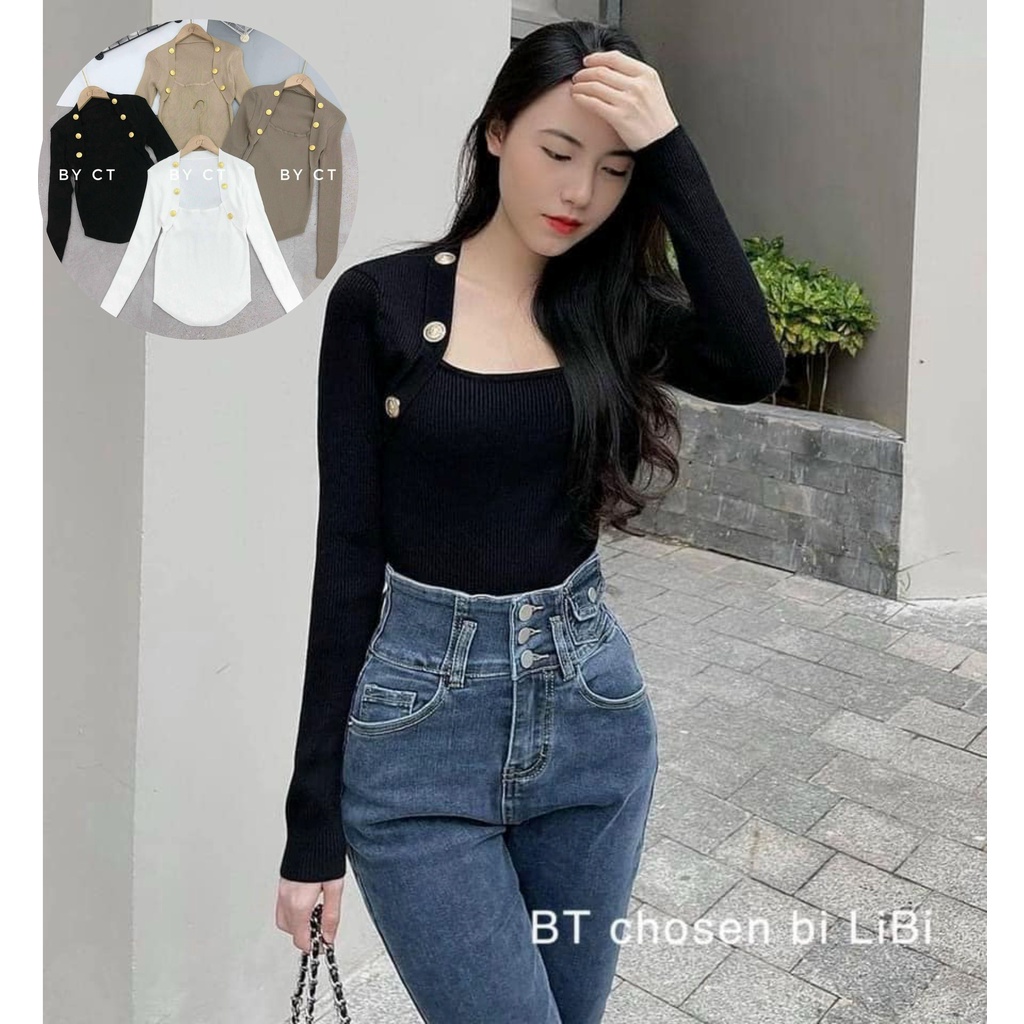 Áo len tăm dài tay đính cúc vai sang chảnh, Chất len co giãn, dáng ôm body, áo len cổ vuông