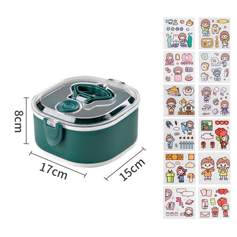 Hộp Cơm 3 Tầng Kèm STIcker,kèm muỗng cao cấp