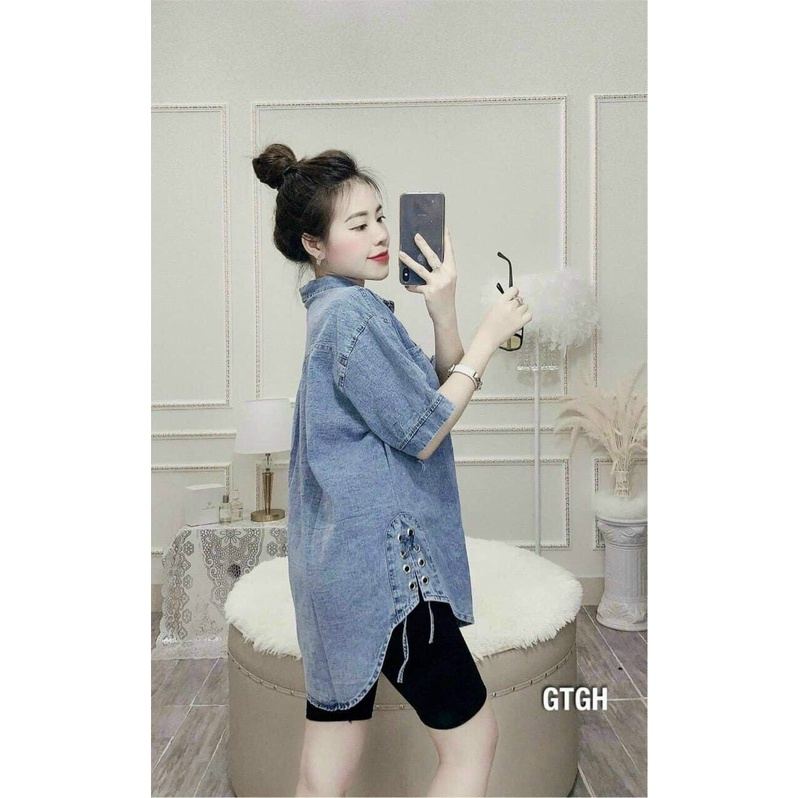 Áo sơ mi jean form rộng tay lỡ 1 túi vạt bầu đan dây 2 bên cực xinh , chất jean dày dặn mềm